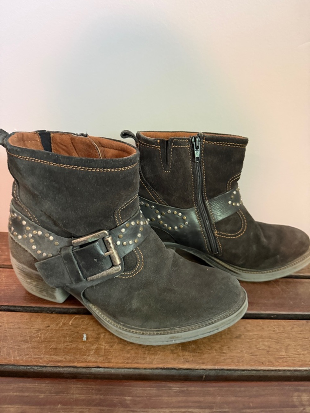 Josef Seibel Dark Brown Suede Studded Ankle Booties with Buckle